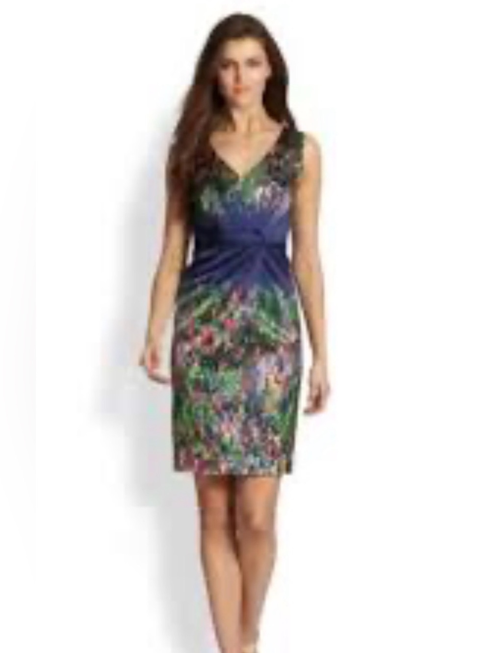 Elie Tahari Blue and Green Floral V-Neck Midi Dress